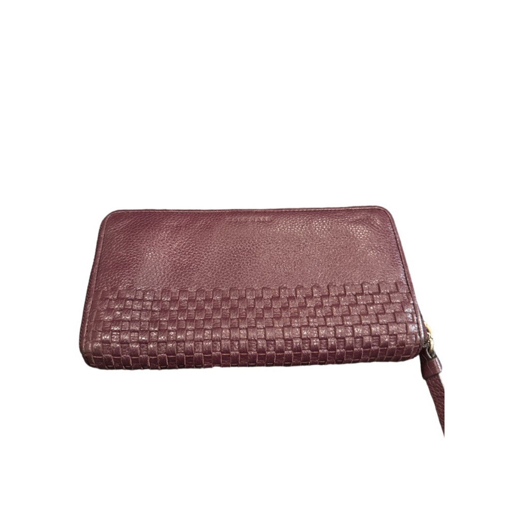 Cole Haan Zip-Around Wallet Burgundy Textured Leather Woven Detail